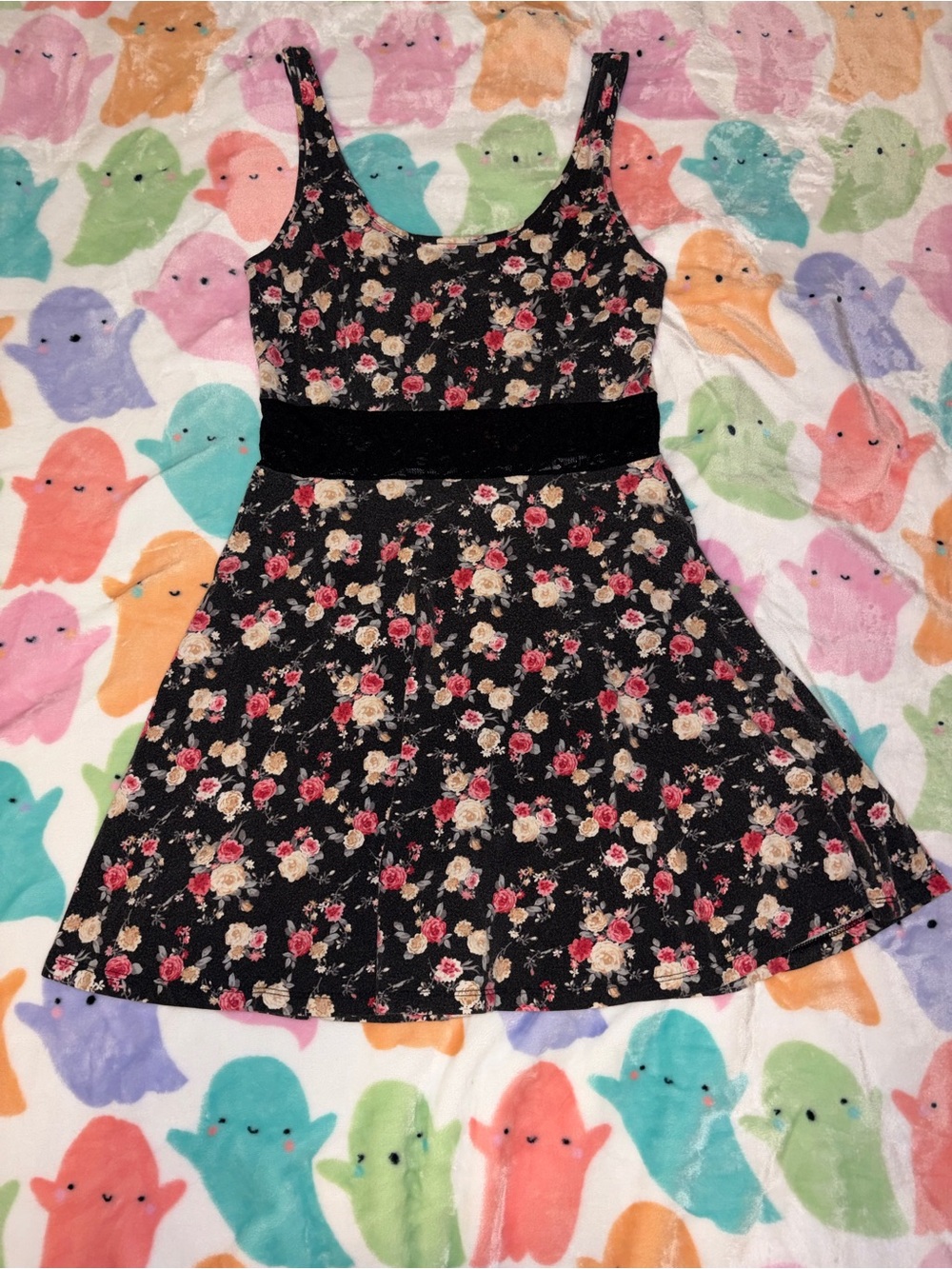 Forever 21 Black Floral Tank Dress with lace Waistband